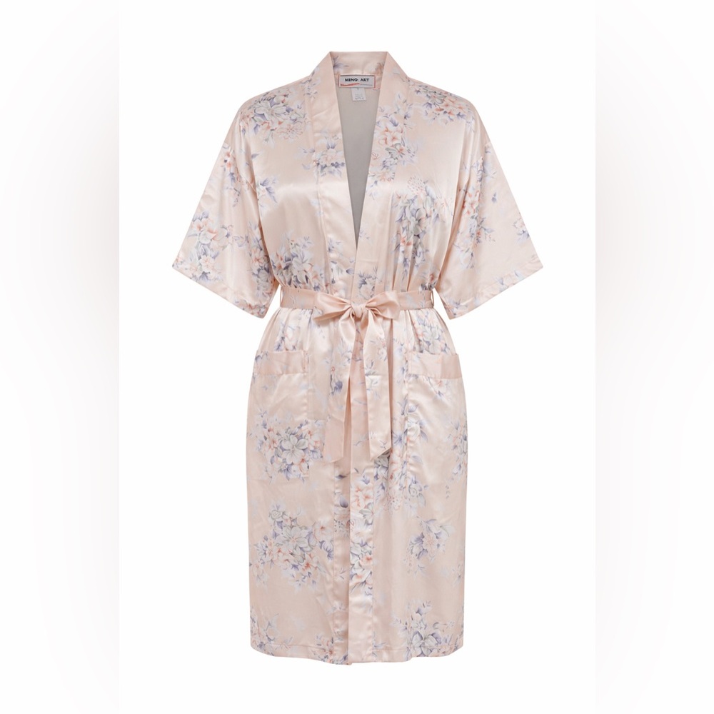 Ming Art Floral Satin Robe 1X Peach Kimono Belted Pockets Cottagecore